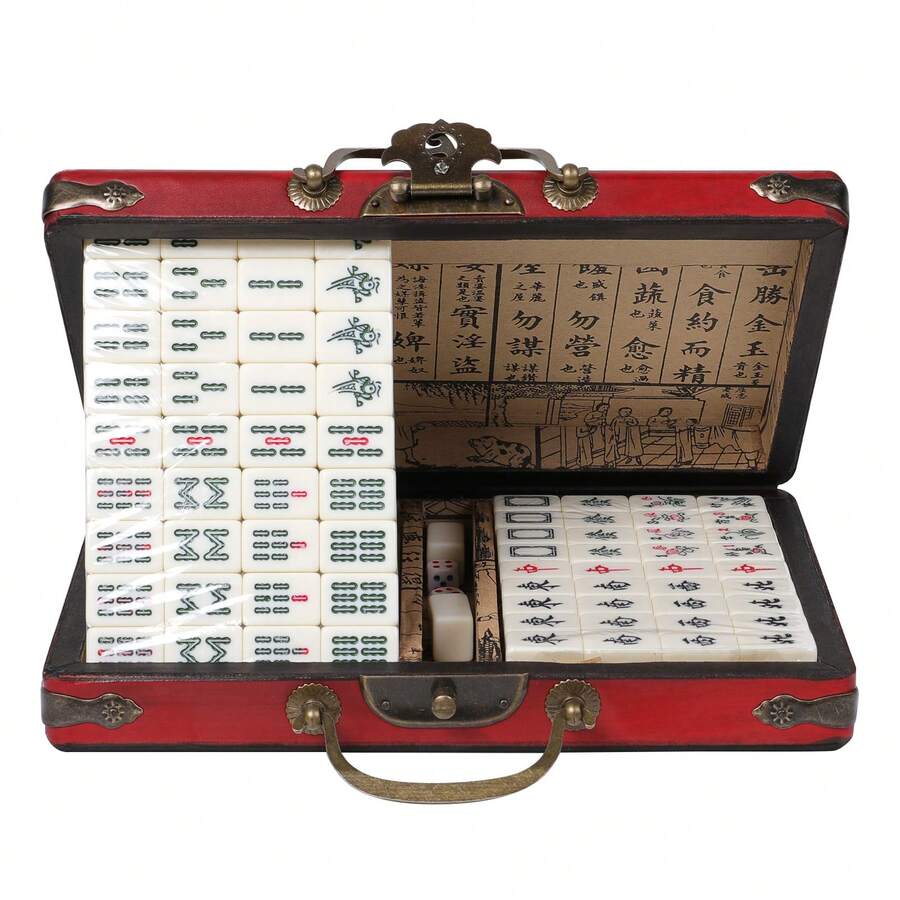 Board Game Mahjong - ชุดเกมไพ่นกกระจอกจีนแบบพกพาขนาดเล็กพร้อมไพ่ 144 ใบและกระเป๋าใส่ สำหรับความบันเทิงภายในบ้าน เล่นเกมสไตล์จีน