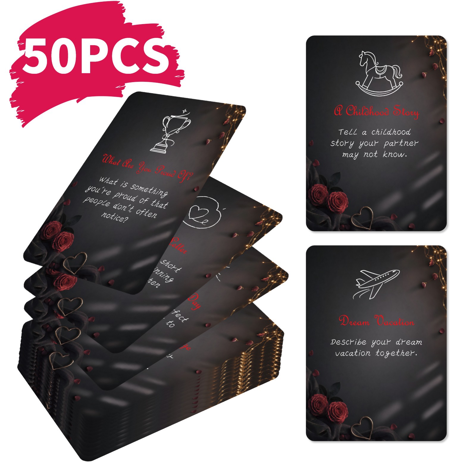 Board Game Quiz - การ์ดเกมคู่รักแสนโรแมนติก 50 ใบ ลายกุหลาบดำ สำหรับการสื่อสารและนัดพบกันในค่ำคืนคู่รัก